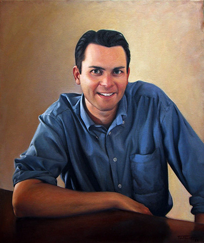 A photograph of an oil painting depicting a smiling young adult man in a blue shirt with his sleeves rolled up