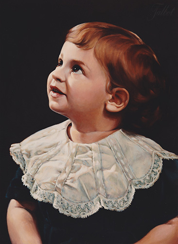A photograph of an oil painting depicting a smiling toddler in profile wearing a dark frock with white lace collar