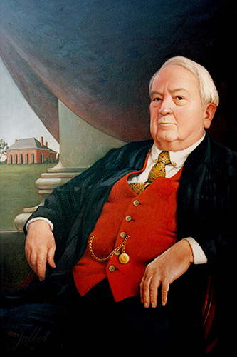 A photograph of an oil painting depicting an elderly man in a suit with a bright red vest and pocket watch seated in front of a column